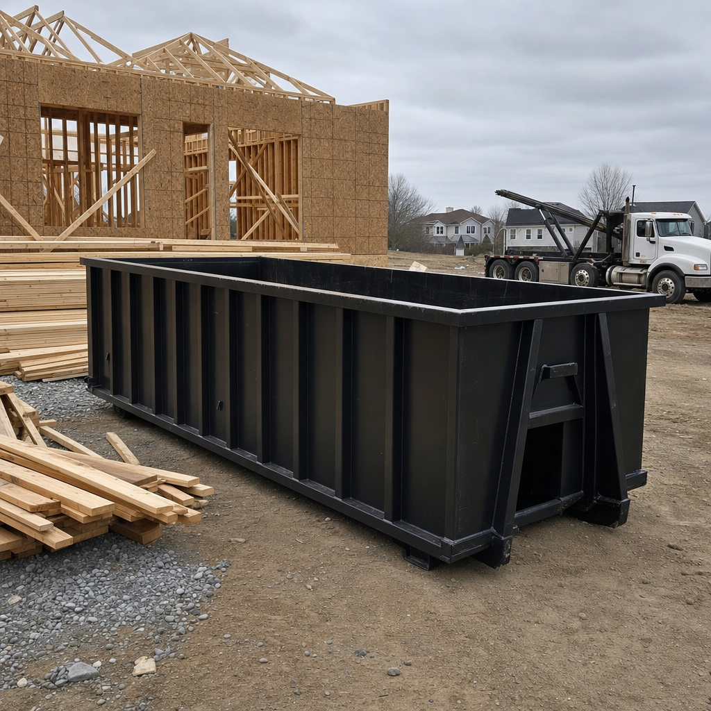 Matte-black 40-yard roll-off dumpster staged on a framed-out residential construction site in Taylor, framing lumber stacked nearby, hooklift delivery truck visible in the background under bright Colorado daylight