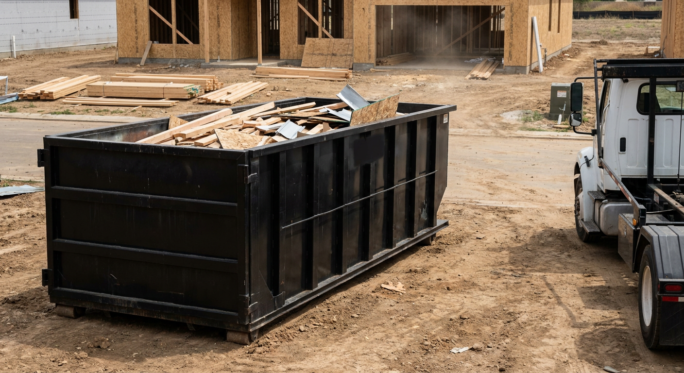 Matte-black 20-yard roll-off construction dumpster with heavy ribbed steel sidewalls and swing rear doors at a working jobsite in Taylor, sitting directly on compacted dirt with an unmarked white hauler partially visible at the far edge of the frame.