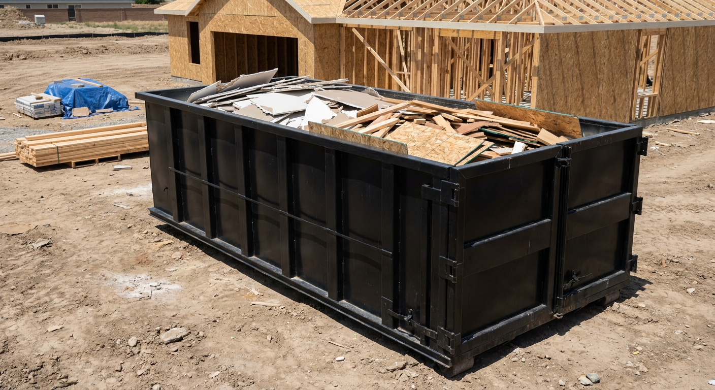 Matte-black 30-yard roll-off construction dumpster sitting directly on the compacted-dirt site of a framed single-family home build in Taylor, drywall and lumber scrap loaded inside.