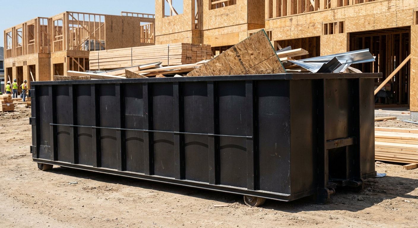 Matte-black 40-yard roll-off construction dumpster being lowered from a white-cab hooklift delivery truck onto the compacted-dirt jobsite at a commercial build site in Taylor