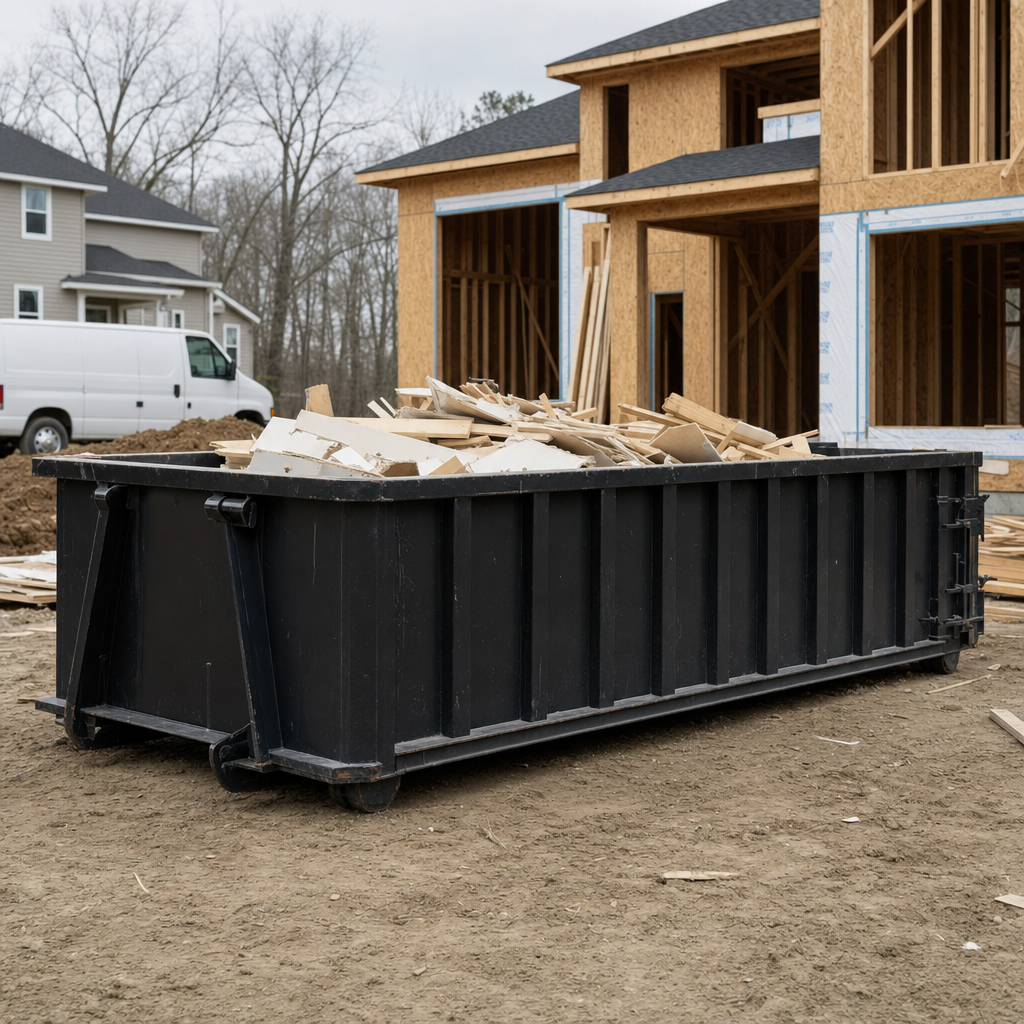 Worker in a yellow high-visibility vest tossing framing lumber and broken drywall into a matte-black 30-yard construction roll-off dumpster on an active build site in Taylor, bright daylight