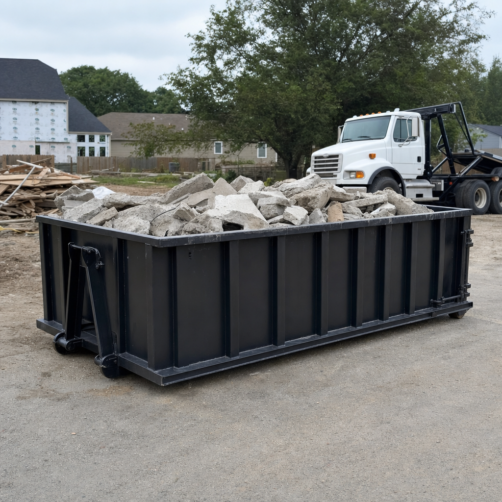 Low-profile matte-black lowboy roll-off dumpster loaded with broken concrete slab and rebar at a foundation tear-out in Taylor, skid steer parked beside it, sunny Colorado morning