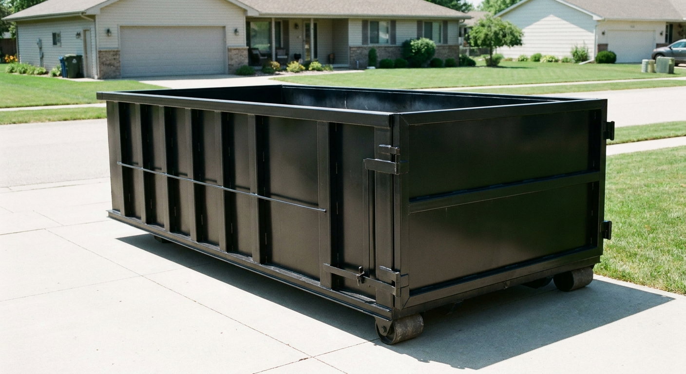 Matte-black 10-yard roll-off dumpster on a residential concrete driveway in Taylor, uniformly painted matte black across every panel and rail, ribbed steel sidewalls and rear swing door visible, mid-day daylight.