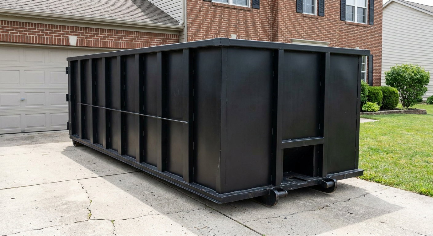 Matte-black 20-yard roll-off container on a Taylor residential concrete driveway with reinforced ribbed steel sidewalls and a hinged rear walk-in door, clean bright daylight.