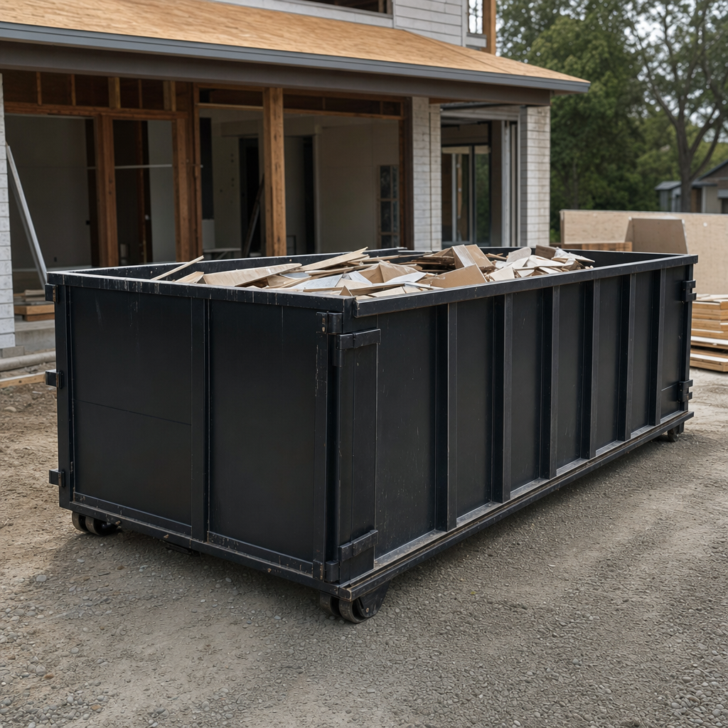 Large matte-black 30-yard construction roll-off dumpster at an active Taylor jobsite, steel-gray top rails and bottom rollers visible, loaded with construction debris.