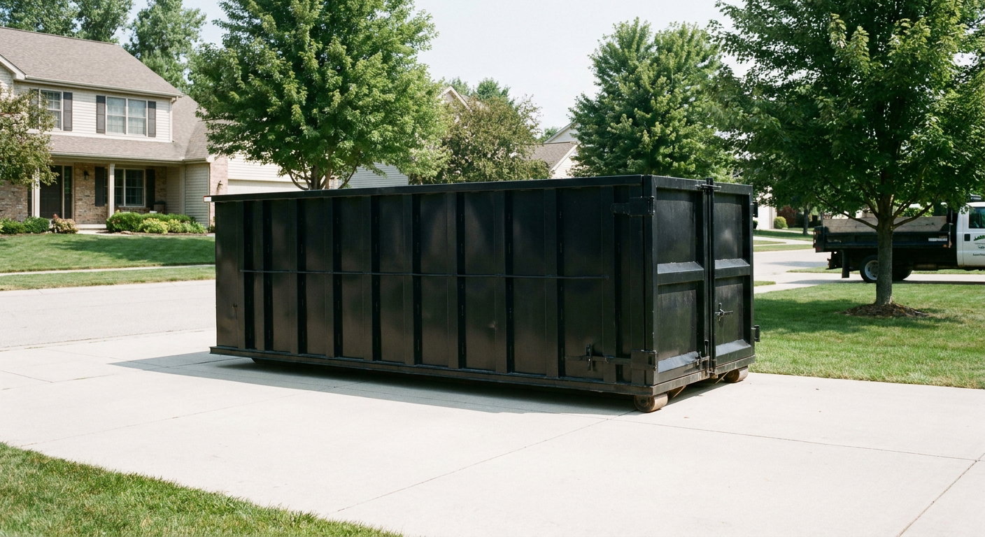 Matte-black 20-yard roll-off dumpster sitting level on a clean Taylor residential concrete driveway under bright daylight, demonstrating clean placement directly on the concrete.