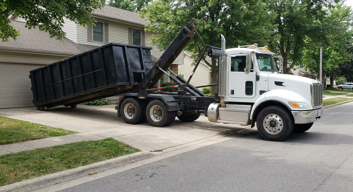 White-cab hooklift roll-off truck actively lowering a matte-black dumpster onto a Taylor residential concrete driveway, the dumpster's rear wheels touching the driveway as the hoist arm tilts the bed forward, mid-morning daylight.