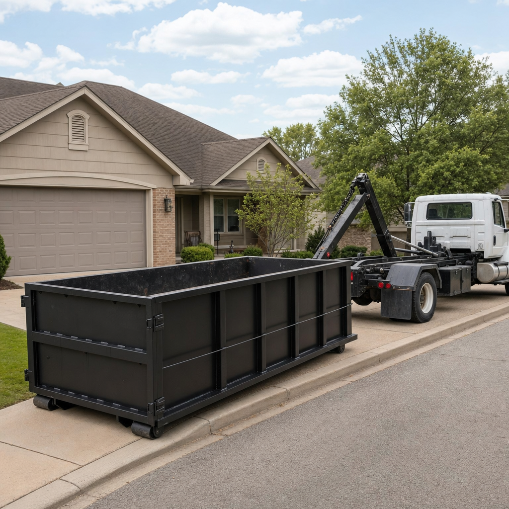 Wide documentary shot of a matte-black roll-off dumpster on a Taylor residential driveway in the foreground and a contractor jobsite container in the soft-focus background, bright daylight, calm and orderly composition.