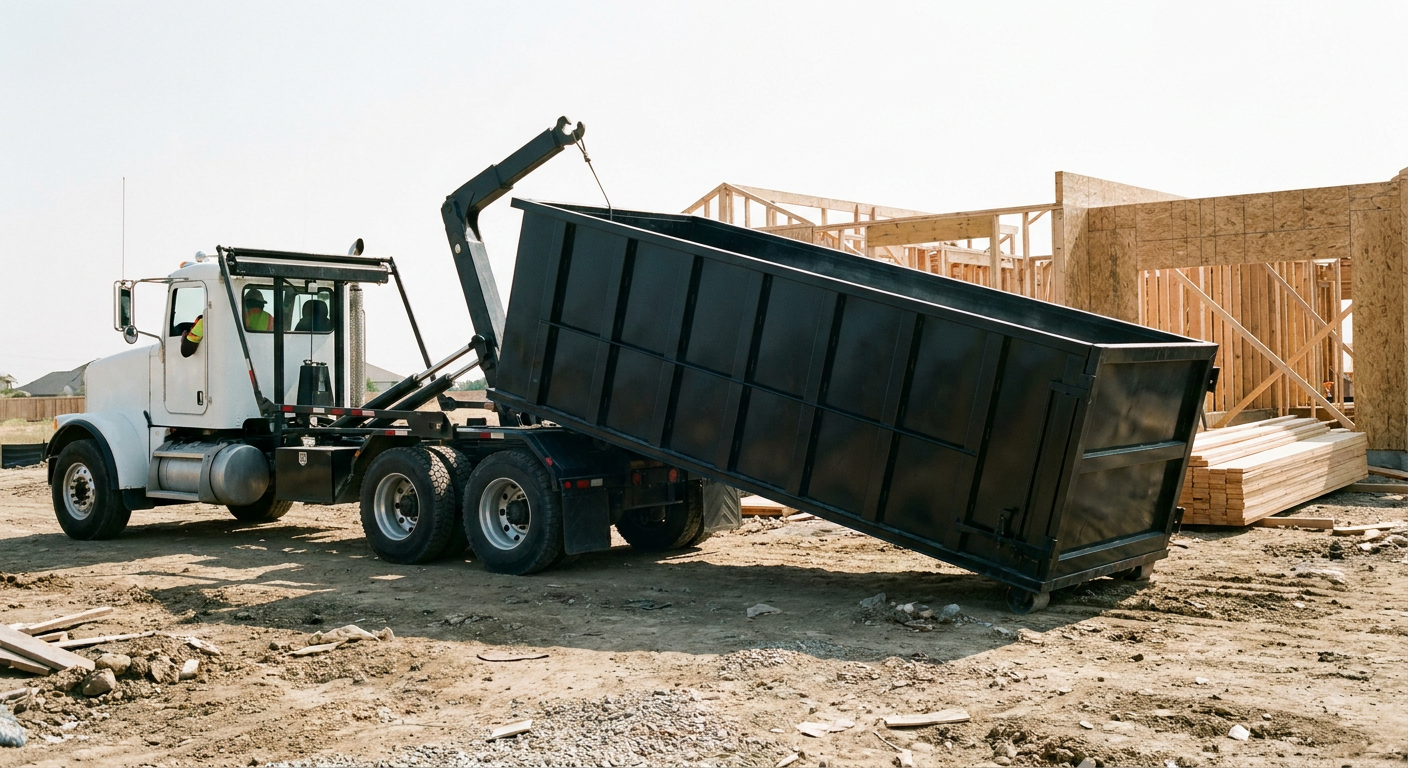 Matte-black roll-off dumpster being delivered onto a clean residential concrete driveway in Taylor by an unmarked white hooklift hauler truck, bright morning daylight, documentary 35mm perspective.
