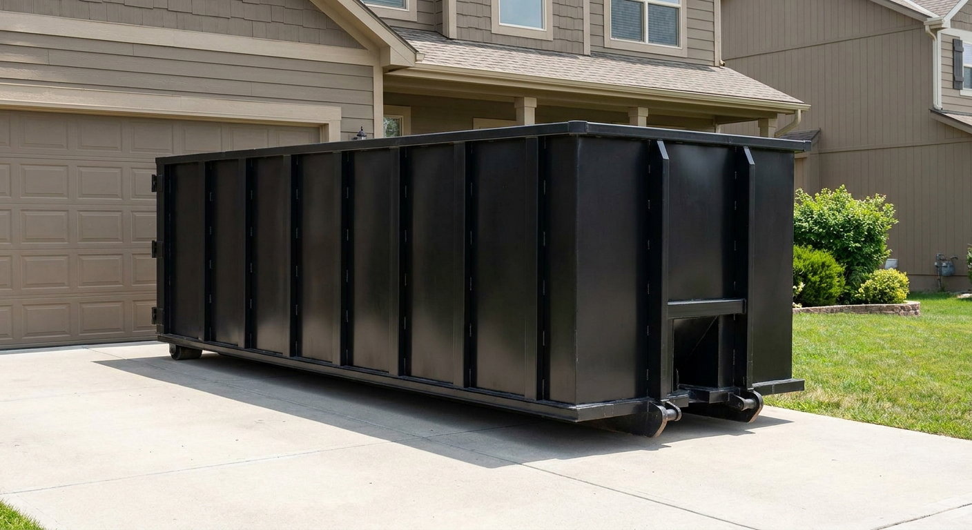 Matte-black residential roll-off dumpster sitting directly on a suburban Taylor concrete driveway, garage door closed, single-family home in background, bright morning daylight.