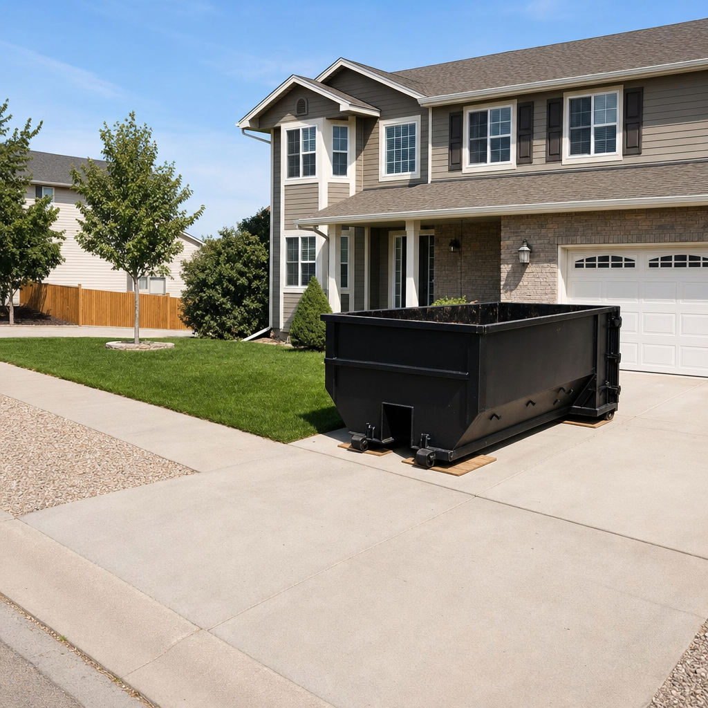 10-yard matte-black residential dumpster placed directly on a narrow Taylor concrete driveway, room remains for a parked sedan beside it, mid-morning natural light