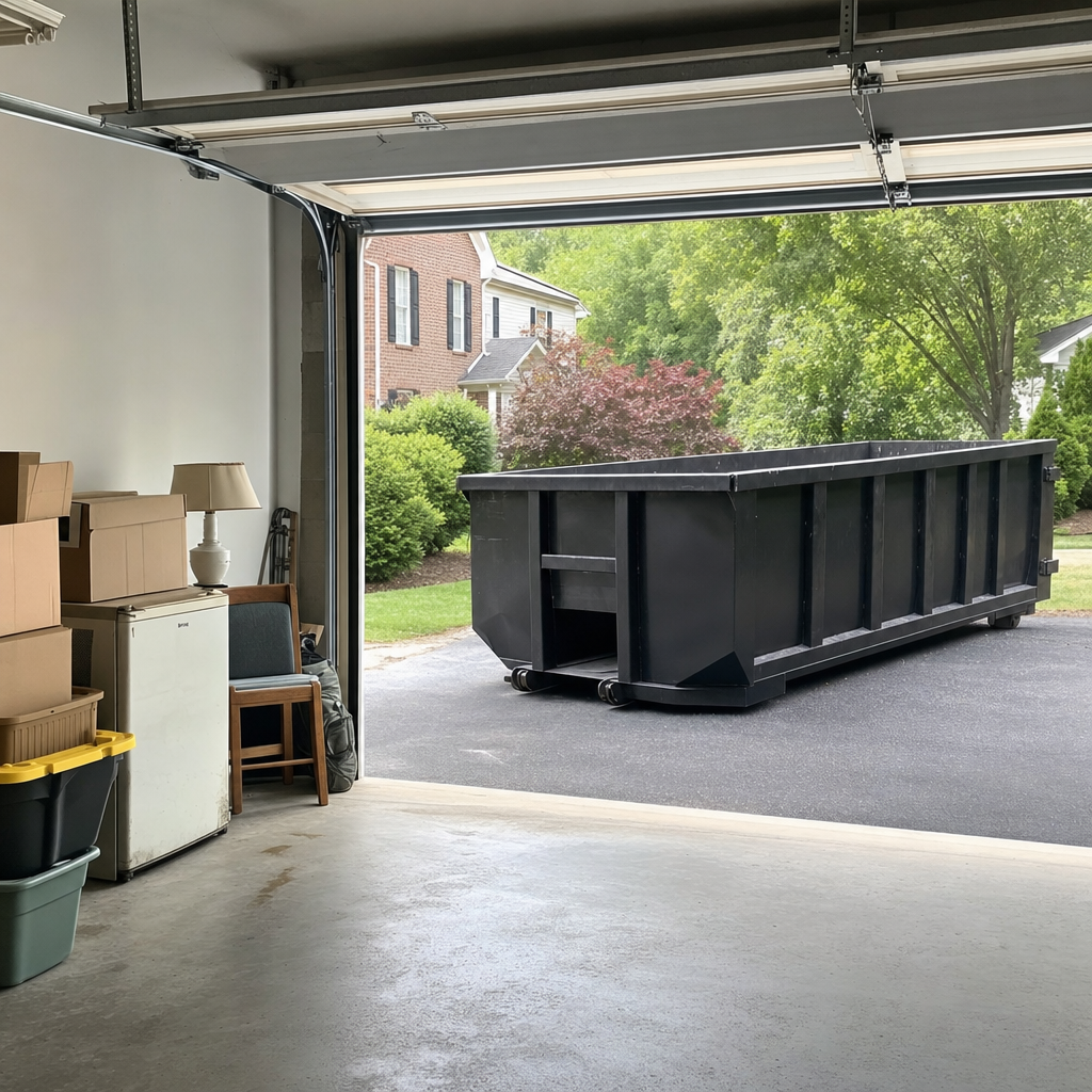 Open garage interior in a Taylor home mid-cleanout — boxed items, an old appliance, and stacked yard tools queued near the driveway for a matte-black roll-off dumpster, organized and calm