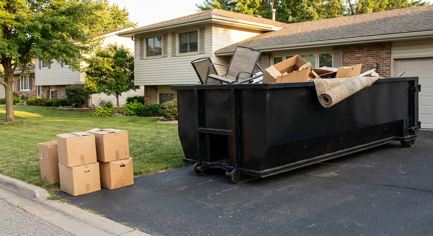 Front-yard view of a Taylor split-level home with a 20-yard matte-black roll-off dumpster sitting directly on the asphalt driveway, a few clearly labeled donation boxes staged at the curb, calm sunny afternoon.