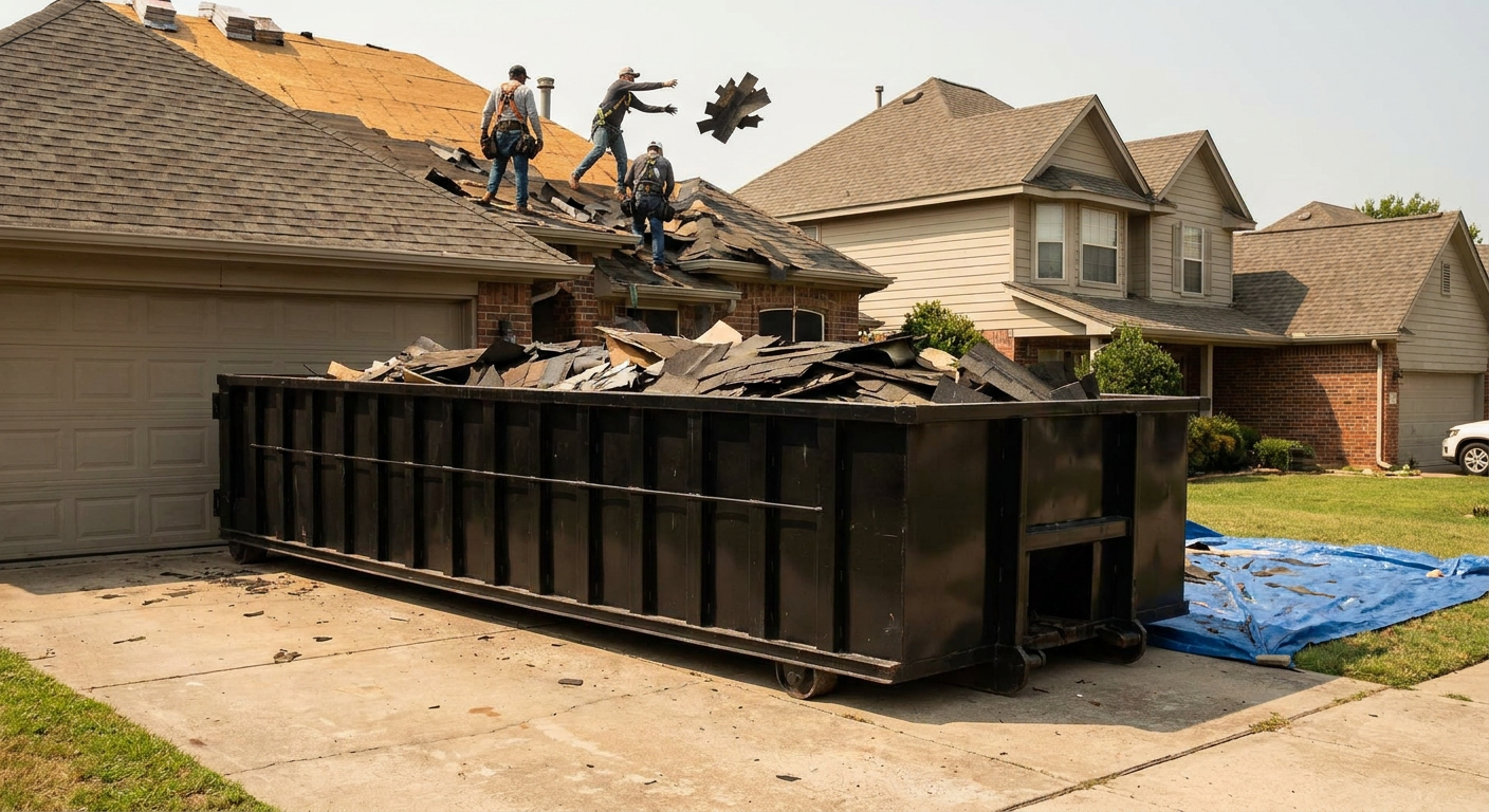 Matte-black roofing roll-off dumpster placed directly on a Taylor residential concrete driveway, a tear-off crew on a two-story asphalt-shingle roof tossing shingle bundles into the low-walled container, bright daylight, documentary 35mm perspective.