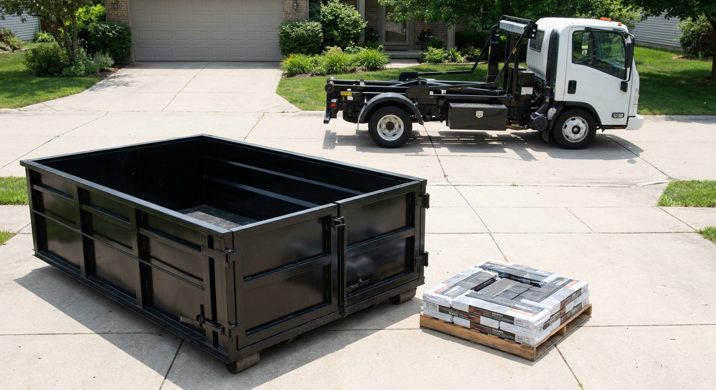 Matte-black 15-yard roofing roll-off dumpster with reinforced low side walls sitting directly on a Taylor residential concrete driveway, three-tab asphalt shingle bundles stacked nearby, an unmarked white hauler truck partially visible at the edge of the frame.