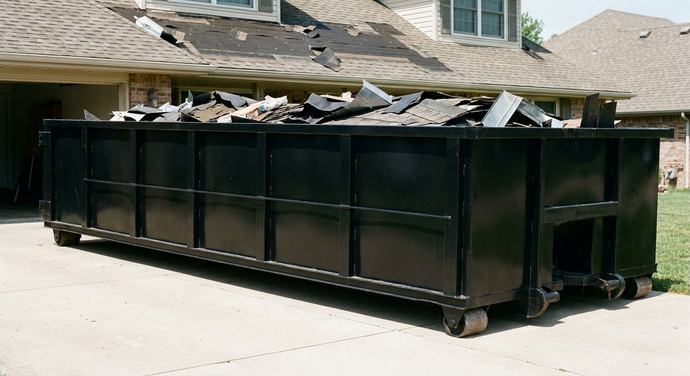 Matte-black 20-yard roofing roll-off dumpster with steel ribbed sides and swinging rear door, sitting directly on the concrete driveway of a two-story Taylor home, asphalt shingle debris being loaded over the low wall, clean documentary lighting.