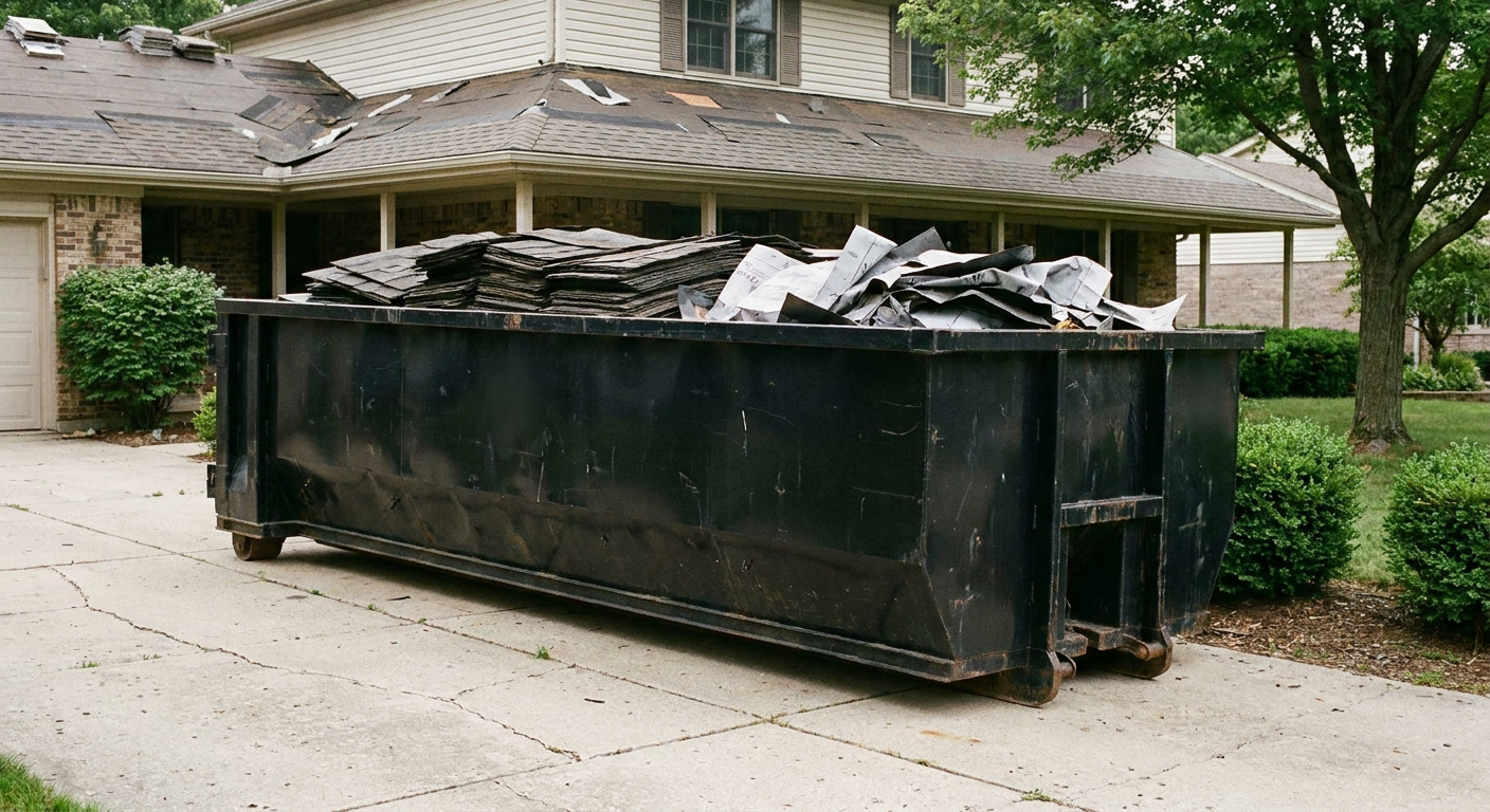 Matte-black 30-yard roofing roll-off dumpster sitting directly on a Taylor concrete driveway, taller ribbed steel side panels, mixed tear-off debris of asphalt shingles and underlayment inside, professional documentary daylight.
