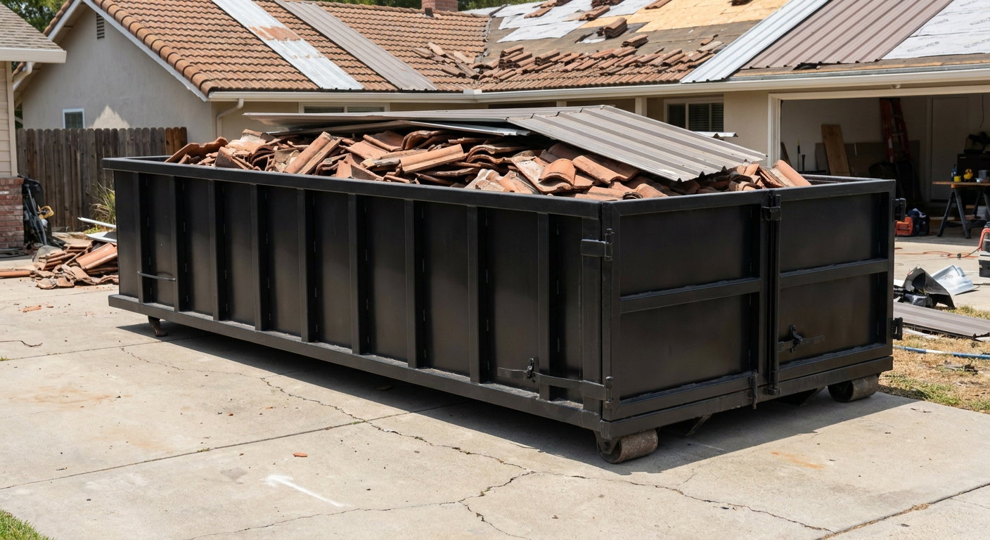 Matte-black low-wall heavy-debris roofing roll-off dumpster sitting directly on a Taylor concrete driveway, broken concrete clay roof tiles and metal panel sections loaded inside, reinforced ribbed steel side walls visible, bright outdoor daylight.