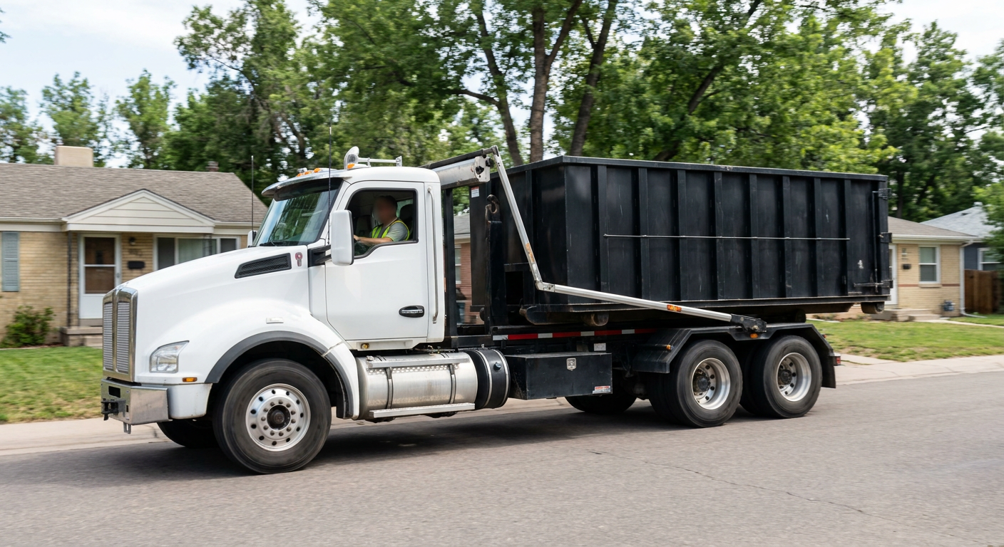 A wide documentary shot of a matte-black roll-off delivery truck pulling onto a quiet Taylor residential street at mid-morning, with neighborhood rooftops and tree-lined blocks visible behind, showing the metro coverage footprint.