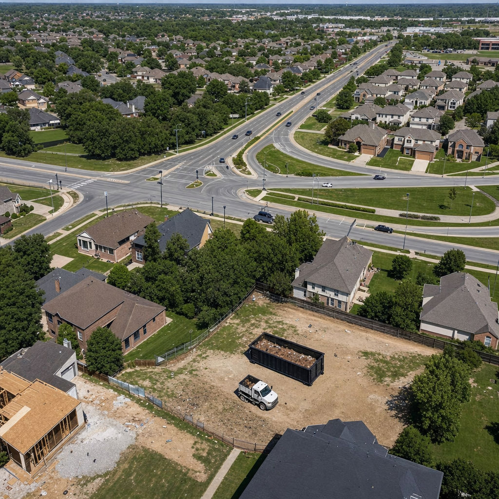 An overhead documentary view of the Taylor metro area at midday, showing the spread of neighborhoods, arterial roads, and the dispatch radius from a central yard — clean daylight, organized geographic layout.