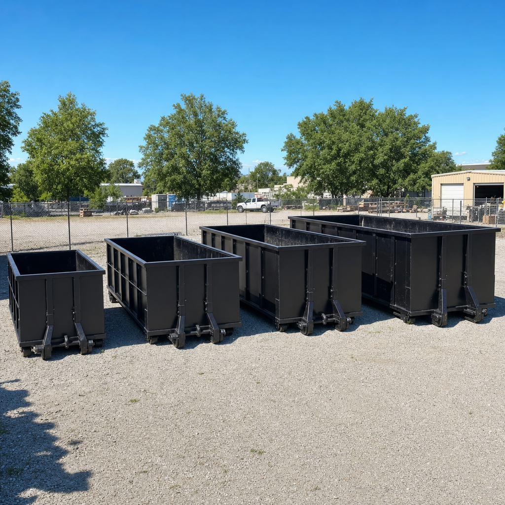A clean lineup of matte-black roll-off dumpsters in 10, 20, 30, and 40-yard sizes staged on a sunlit gravel yard in Taylor, showing the size progression from compact to commercial-scale containers.