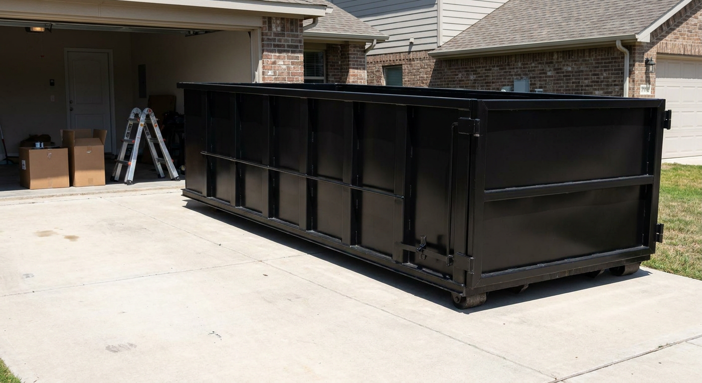 A matte-black 10-yard roll-off dumpster sitting directly on a residential Taylor concrete driveway, mid-day sunlight, clean and ready for a garage cleanout.
