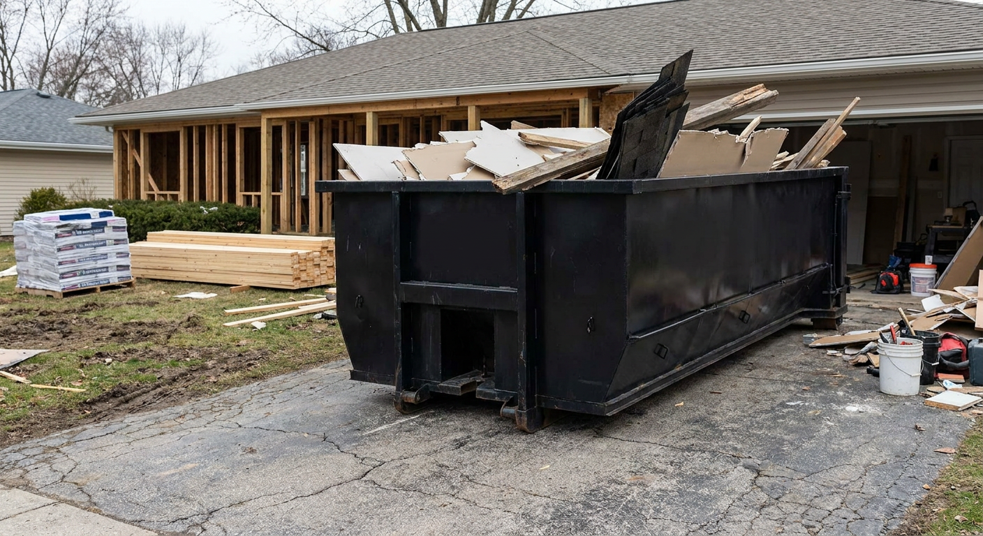 A matte-black 20-yard roll-off dumpster placed alongside a mid-renovation Taylor home directly on the asphalt driveway, with framing materials and torn-off shingles staged neatly nearby.