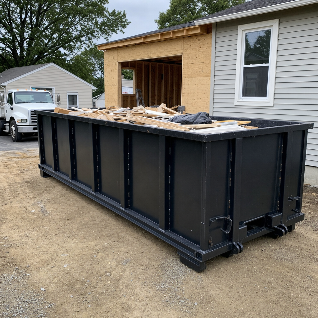A matte-black 30-yard roll-off dumpster positioned at a Taylor residential addition jobsite, with framing lumber and drywall scraps loaded through the open swinging rear doors.