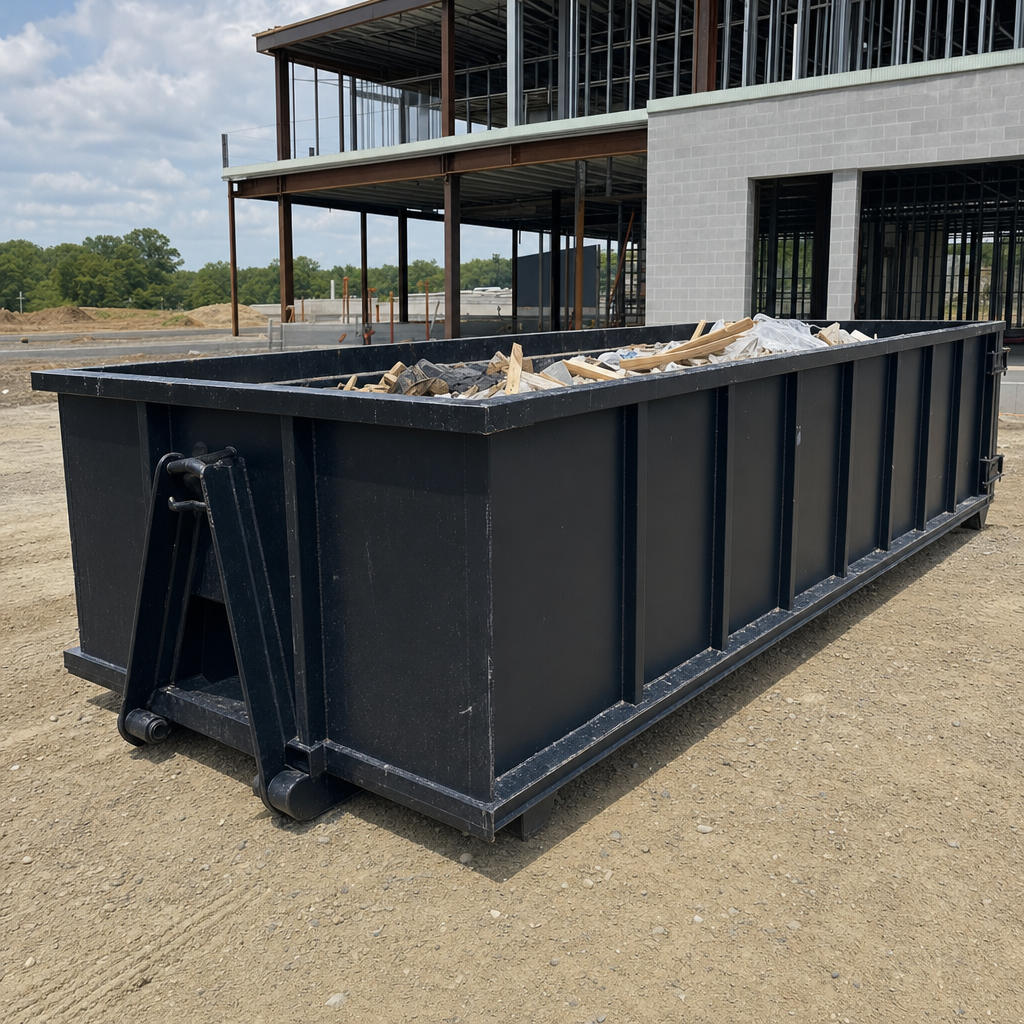 A matte-black 40-yard roll-off dumpster staged on a large Taylor commercial construction lot, with a hooklift delivery truck parked alongside under bright midday sky.