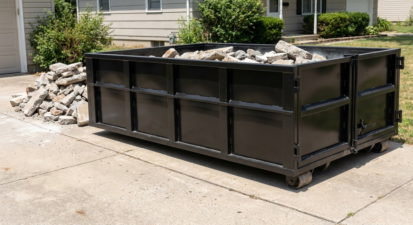 A matte-black low-side heavy-debris roll-off dumpster placed directly on a Taylor concrete driveway, with broken concrete chunks neatly stacked beside it under clean daylight.